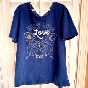 Lucky Brand Girls L 12/14 Graphic Tee Show Your Love Butterfly Sun Moon Navy